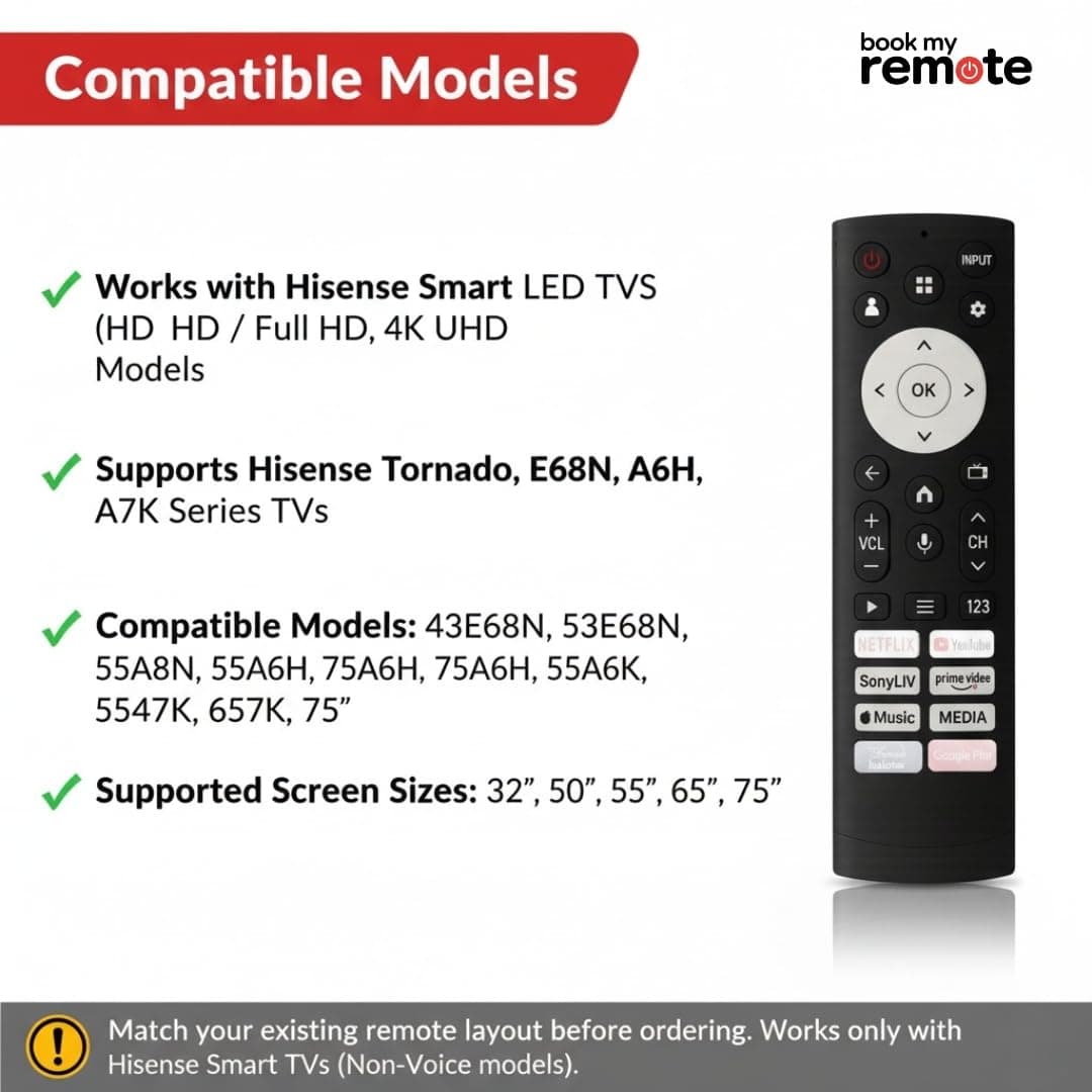 Book My Remote Compatible for Hisense TV Remote ERF3T920H / ERF3T90H Replacement for Hisense E68N A6H A7K A7H Tornado Series 4K UHD LED Smart TVs | Plug & Play | Non-Voice Control Remote angle 3