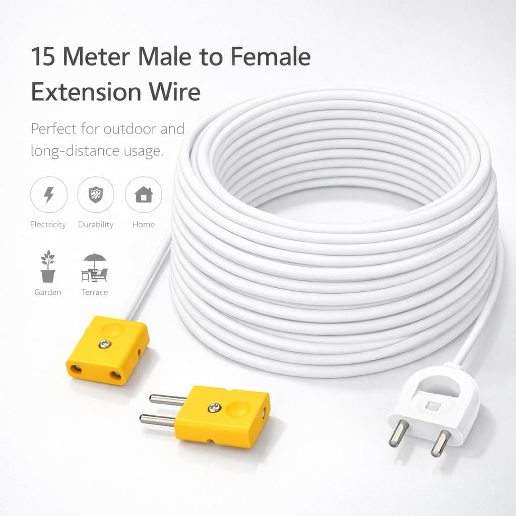 2 Pin Extension Cord Wire — Male to Female Extension Cable | 2-Pin Male Female Connector Plug Socket | Power Extension Wire with Plug — (15Meters) angle 2