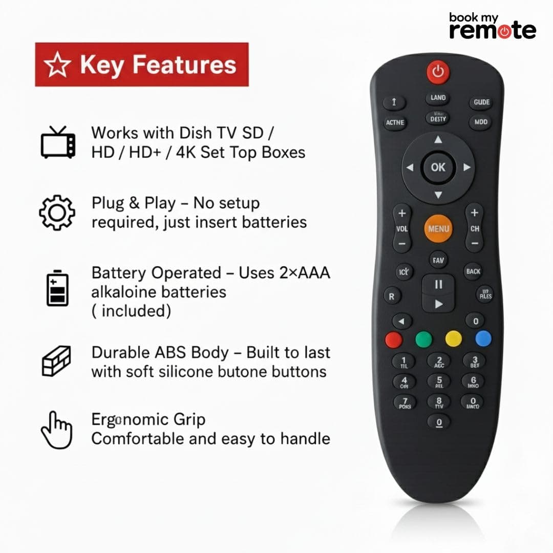 Book My Remote for Dish TV SD/HD/HD+ / 4K DTH Set Top Boxes with Recording | Compatible Replacement Controller | Plug & Play (Black, Durable ABS Body) angle 2
