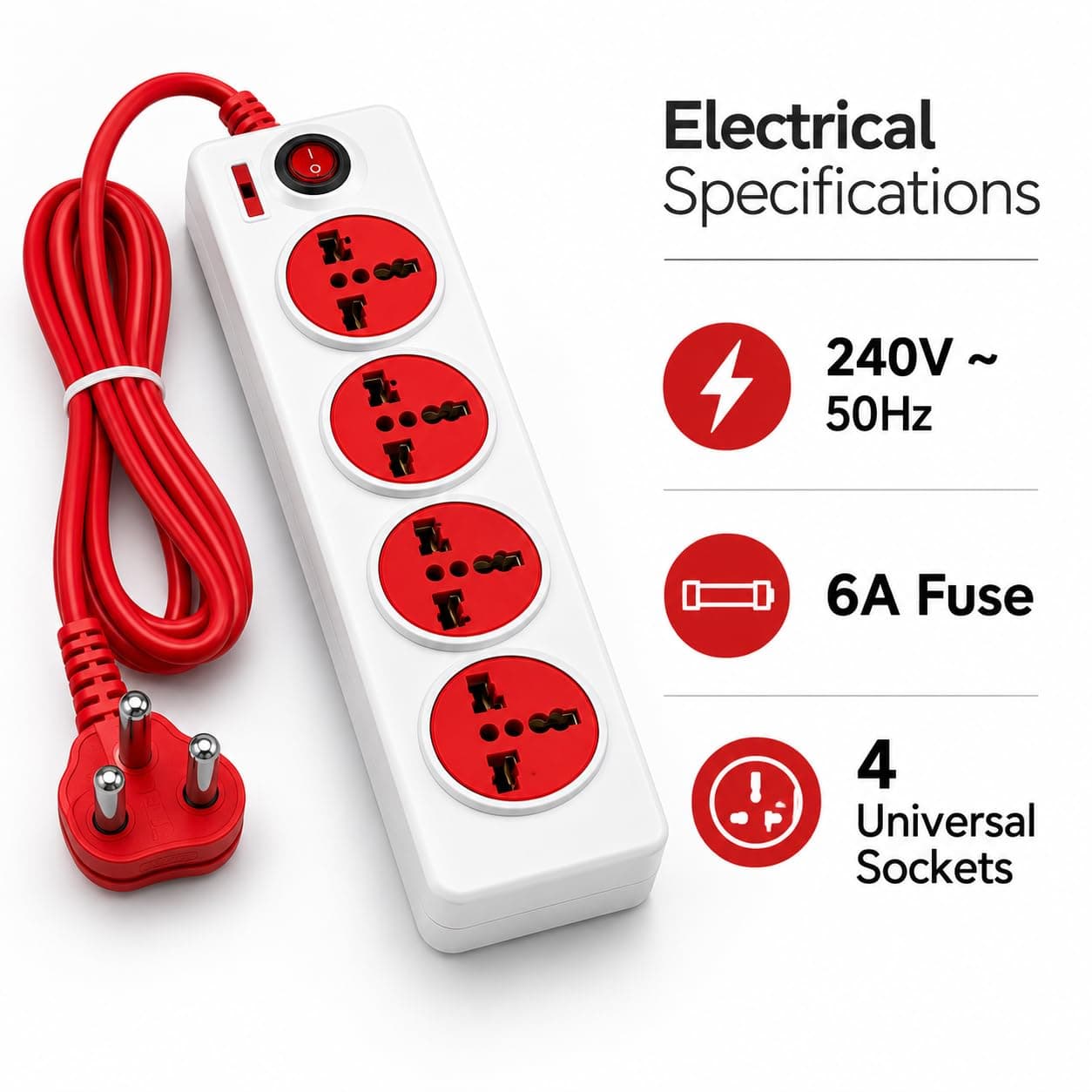 Book My Remote 4 Socket Extension Board with Switches | Spike Guard Power Strip & Extension Cord | Heavy Duty 3.3m Red Cable | 6A Fuse | Gaming PC, TV, Laptop, Home & Office (Red/White) angle 6