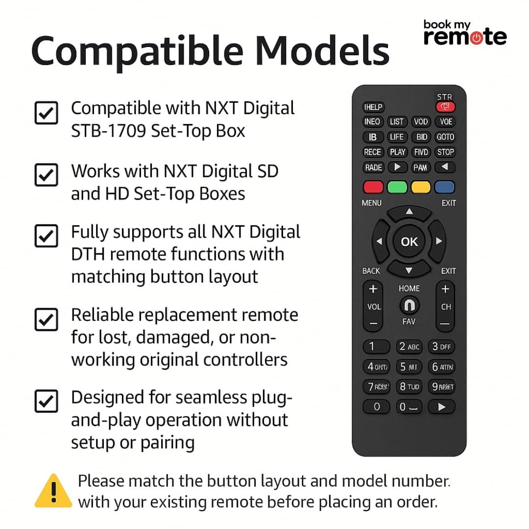 Book My Remote Replacement Remote for NXT Digital Set Top Box Universal STB Remote Control Compatible with NXT Digital HD & SD Set Top Boxes Infrared Long-Range 10 m Plug & Play (Black) (1) angle 4