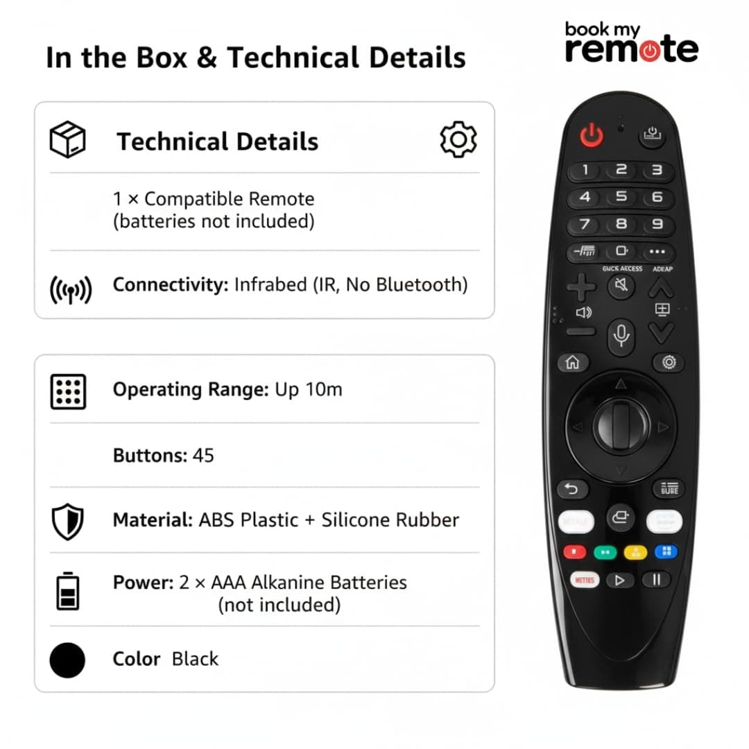 Book My Remote Compatible Replacement for LG Magic Remote Model AN-MR20GA / AKB75855501 Infrared Remote (No Voice, No Pointer, Plug & Play, Batteries Not Included) - 1PC angle 3