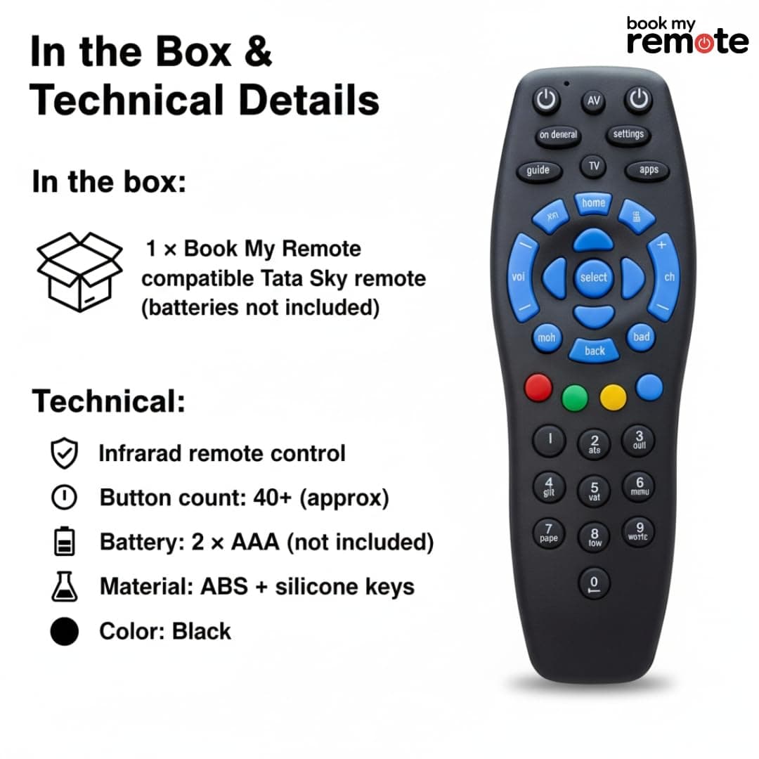 Book My Remote Compatible with Tata Sky/Tata Play Set Top Box Remote Control | Replacement Infrared Remote for HD, SD & Recording Models | Plug & Play | Soft Silicone Keys 1PC angle 6