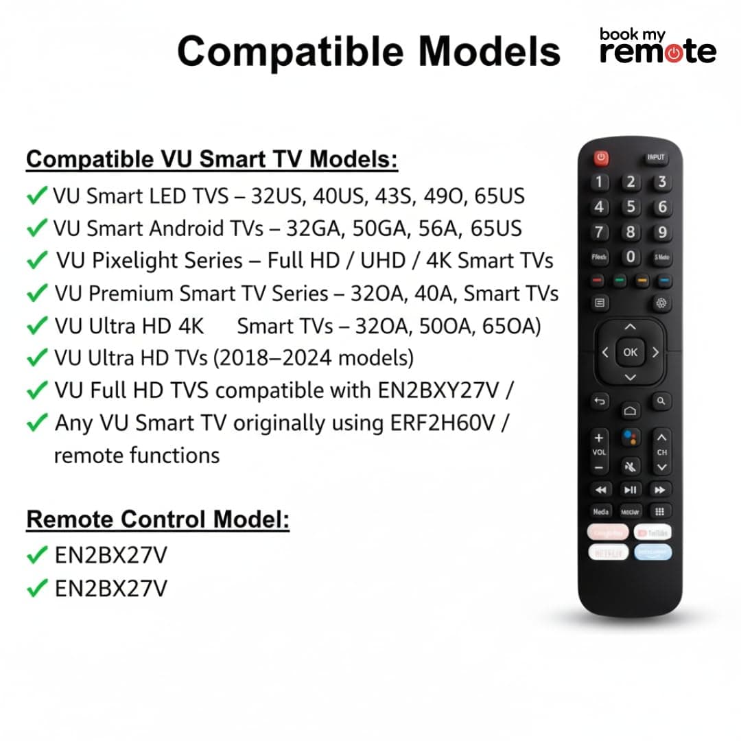 Book My Remote Replacement Remote Control for VU Smart TV EN2BX27V / EN2BY27V Models Compatible with VU 32US, 43US, 40US, 50GA, 65US, Android 4K & Full HD LED TVs Infrared Non-Voice Remote angle 6