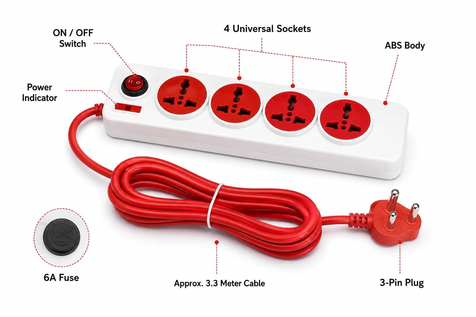 Book My Remote 4 Socket Extension Board with Switches | Spike Guard Power Strip & Extension Cord | Heavy Duty 3.3m Red Cable | 6A Fuse | Gaming PC, TV, Laptop, Home & Office (Red/White) angle 2