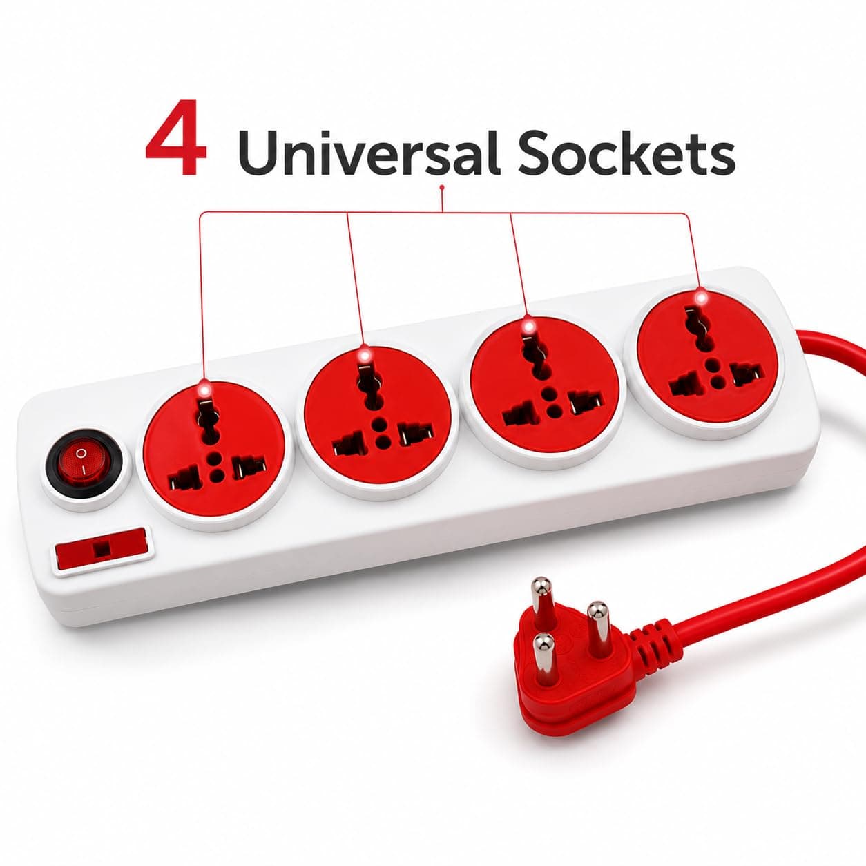 Book My Remote 4 Socket Extension Board with Switches | Spike Guard Power Strip & Extension Cord | Heavy Duty 3.3m Red Cable | 6A Fuse | Gaming PC, TV, Laptop, Home & Office (Red/White) angle 8
