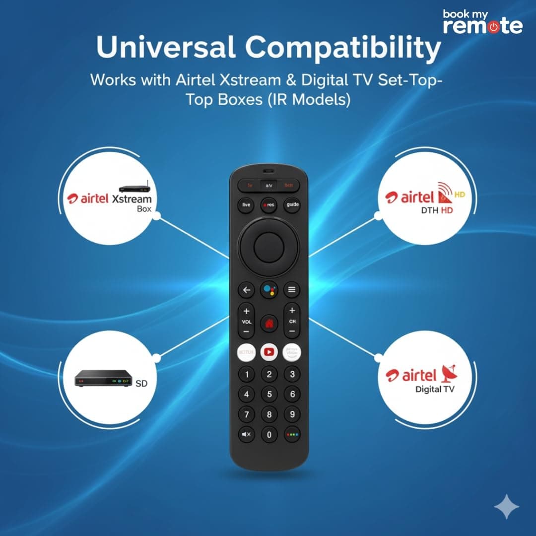 Book My Remote Compatible for Airtel Xstream Set-Top Box | Non-Voice IR Remote Control | Works with Airtel Xstream/DTH HD/SD/Digital TV | Plug & Play | Netflix, YouTube, Prime Keys | 2025 Model angle 7