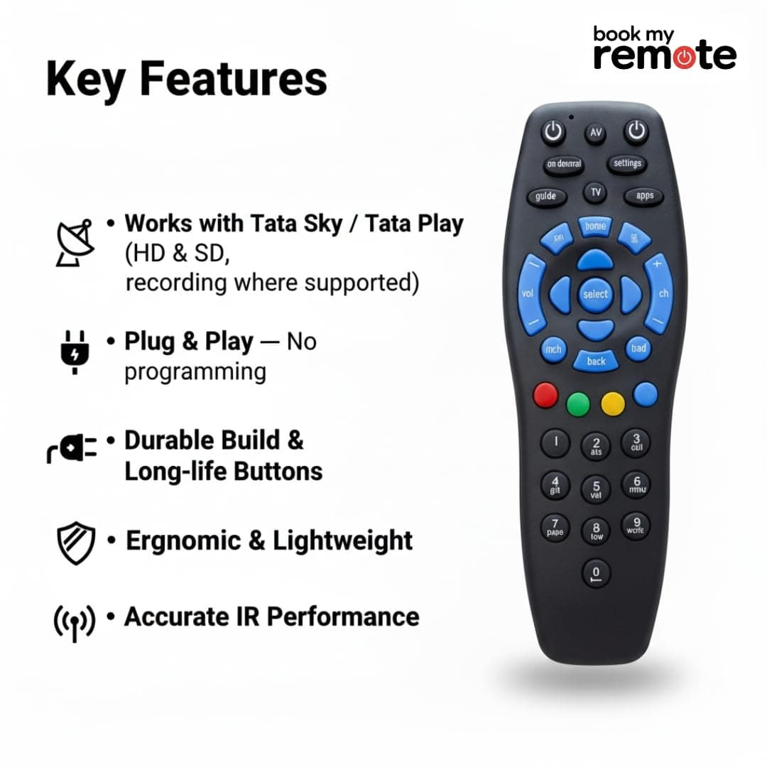 Book My Remote Compatible with Tata Sky/Tata Play Set Top Box Remote Control | Replacement Infrared Remote for HD, SD & Recording Models | Plug & Play | Soft Silicone Keys 1PC angle 2