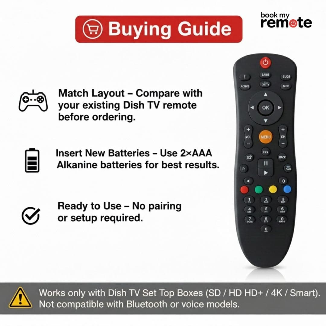Book My Remote for Dish TV SD/HD/HD+ / 4K DTH Set Top Boxes with Recording | Compatible Replacement Controller | Plug & Play (Black, Durable ABS Body) angle 3