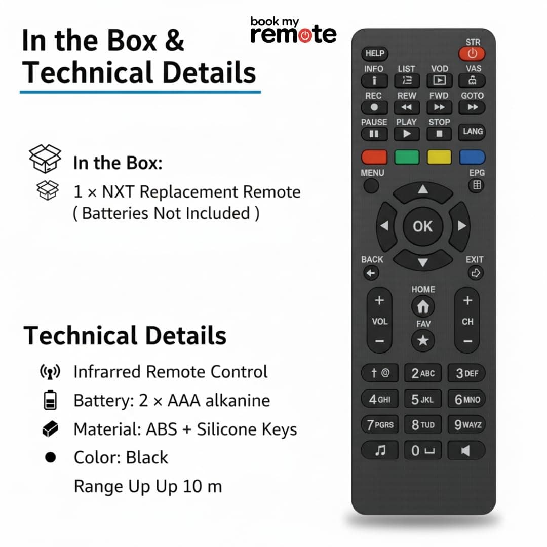 Book My Remote Replacement Remote for NXT Digital Set Top Box Universal STB Remote Control Compatible with NXT Digital HD & SD Set Top Boxes Infrared Long-Range 10 m Plug & Play (Black) (1) angle 5