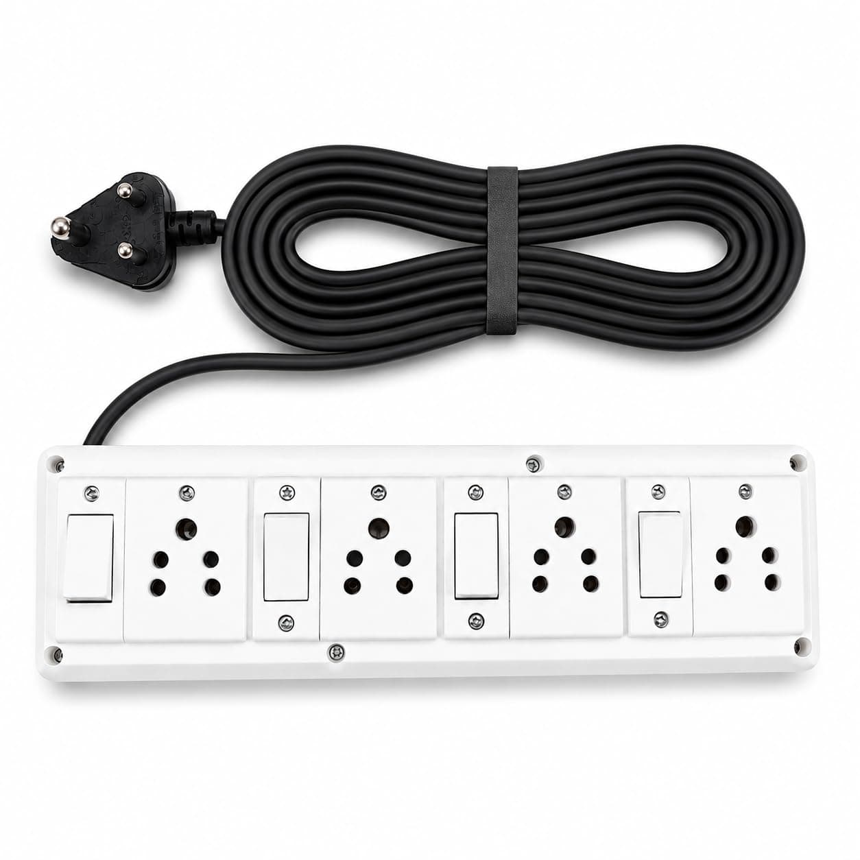 Book My Remote 4 Socket 4 Switch Extension Board with Individual Switches | Heavy Duty Spike Guard | 2500W 10A | 4.3m Long Cable | Wall Mountable Power Strip for Home & Office (White/Black)