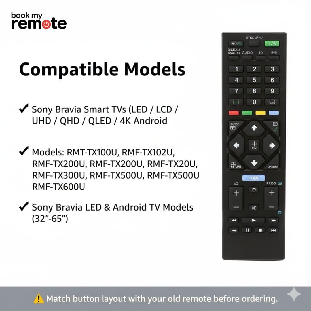 Book My Remote Universal IR Controller Compatible with Sony Bravia LED, LCD, UHD, OLED, QLED, 4K Android TVs | Supports RMT-TX & RMF Series | Non-Voice (1 PC) angle 2