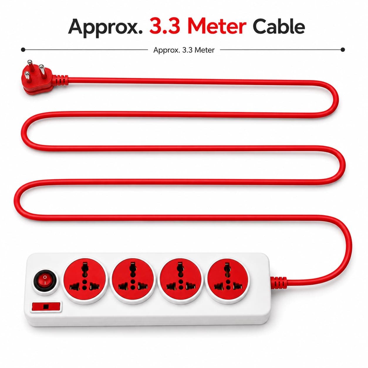 Book My Remote 4 Socket Extension Board with Switches | Spike Guard Power Strip & Extension Cord | Heavy Duty 3.3m Red Cable | 6A Fuse | Gaming PC, TV, Laptop, Home & Office (Red/White) angle 3