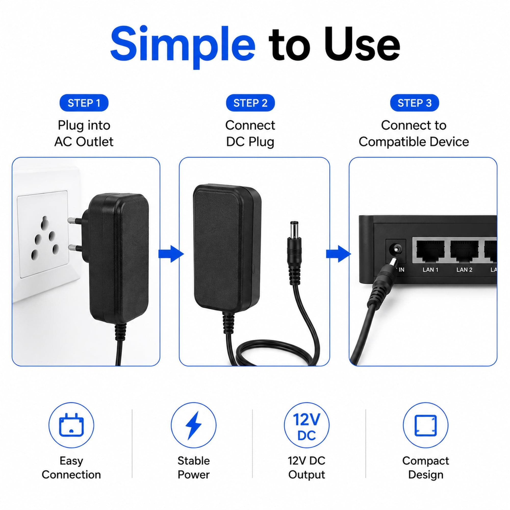 Book My Remote 12V 2A Power Supply Adapter | 12 Volt 2Amp DC SMPS for WiFi Router, CCTV Camera, LED Strip Lights, DTH Setup Box | 5.5 x 2.5mm Center Positive Pin | Compact Design angle 7