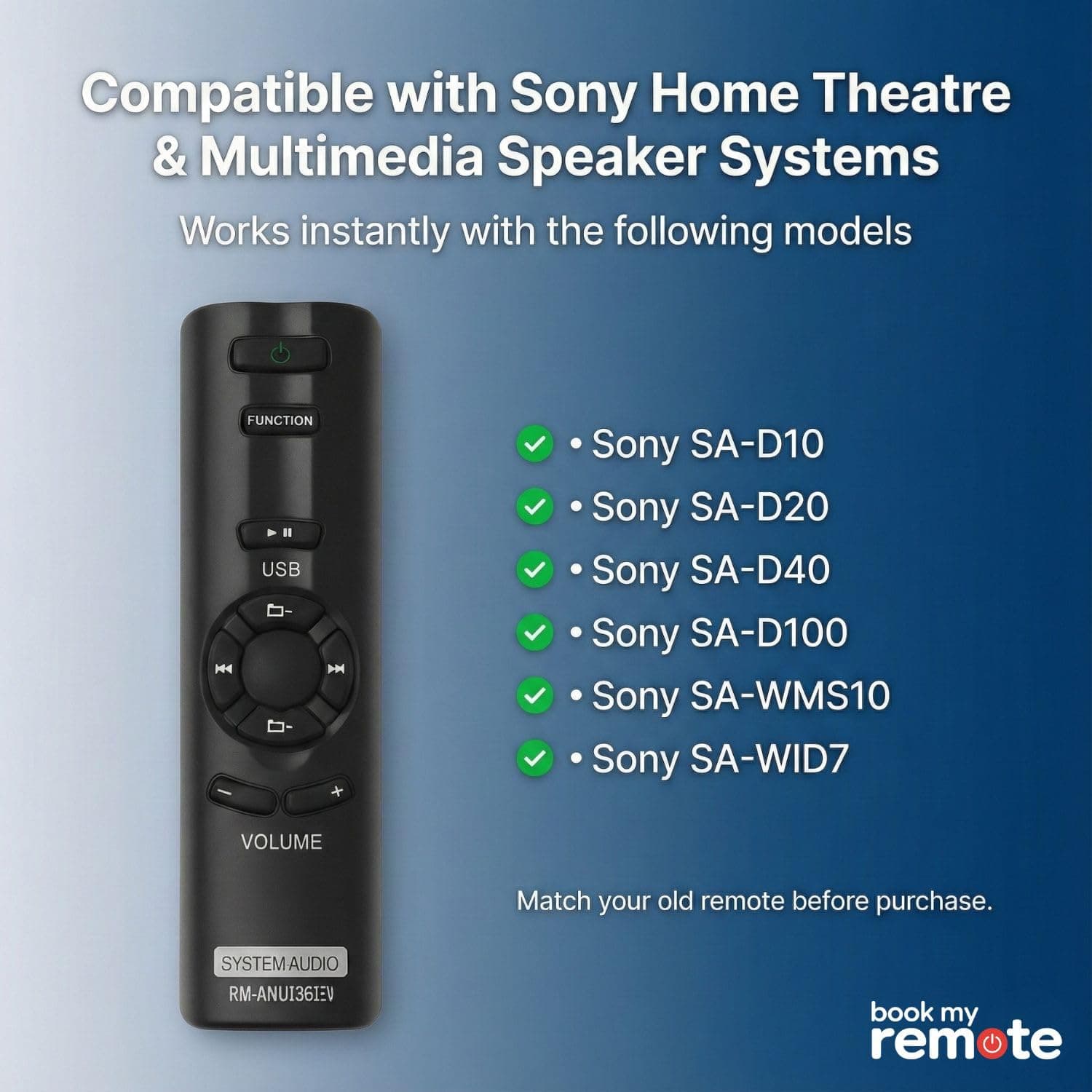 Book My Remote Replacement Remote Control Compatible with Sony Home Theater System SA-D40, SA-D10, SA-D20, SA-D100, SA-WMS10 & SA-WID7 (Replaces Original Remote Model: RM-ANU136 / RM-ANU156) - Black angle 7