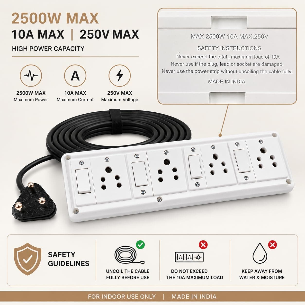Book My Remote 4 Socket 4 Switch Extension Board with Individual Switches | Heavy Duty Spike Guard | 2500W 10A | 4.3m Long Cable | Wall Mountable Power Strip for Home & Office (White/Black) angle 6