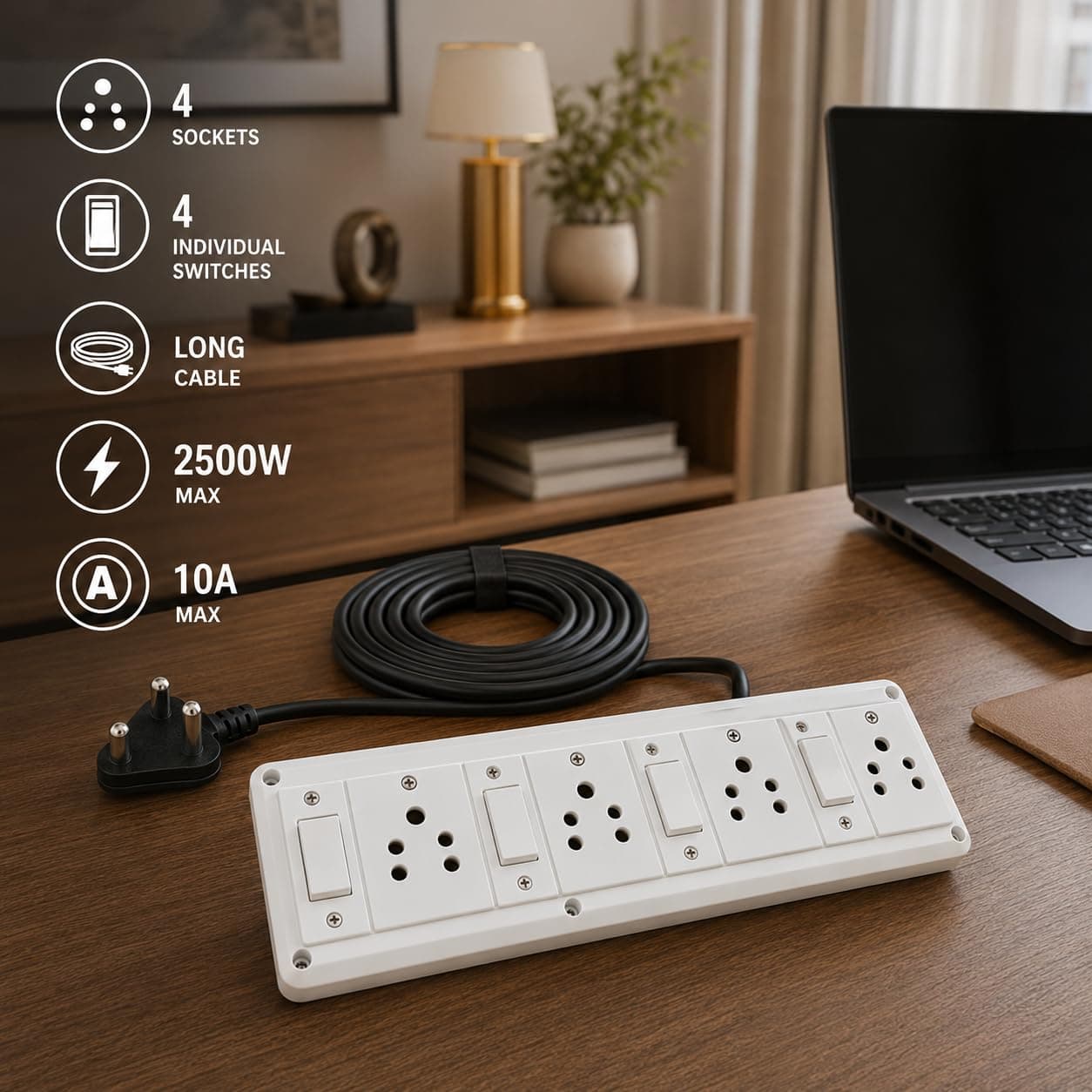 Book My Remote 4 Socket 4 Switch Extension Board with Individual Switches | Heavy Duty Spike Guard | 2500W 10A | 4.3m Long Cable | Wall Mountable Power Strip for Home & Office (White/Black) angle 3