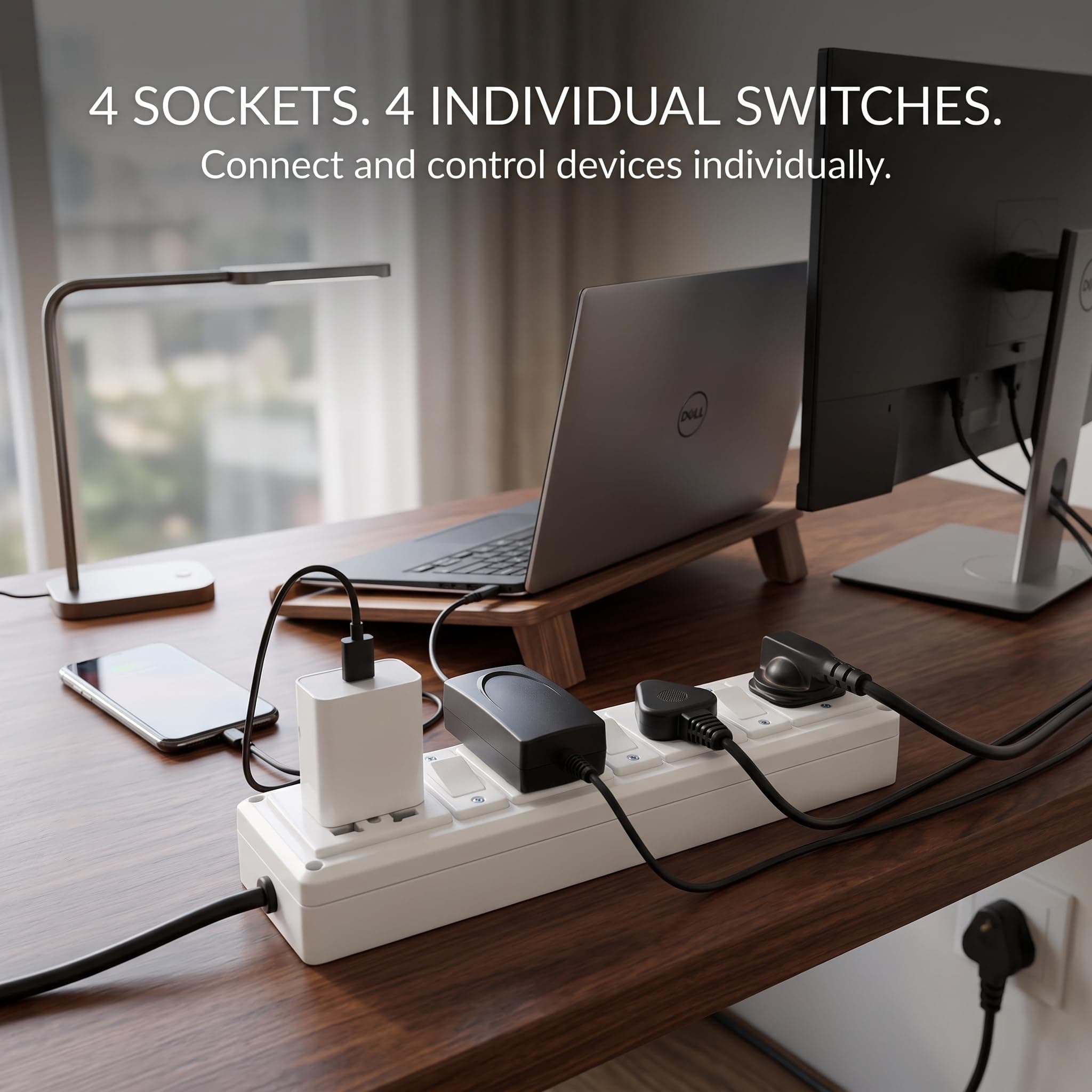 Book My Remote 4 Socket 4 Switch Extension Board with Individual Switches | Heavy Duty Spike Guard | 2500W 10A | 4.3m Long Cable | Wall Mountable Power Strip for Home & Office (White/Black) angle 2