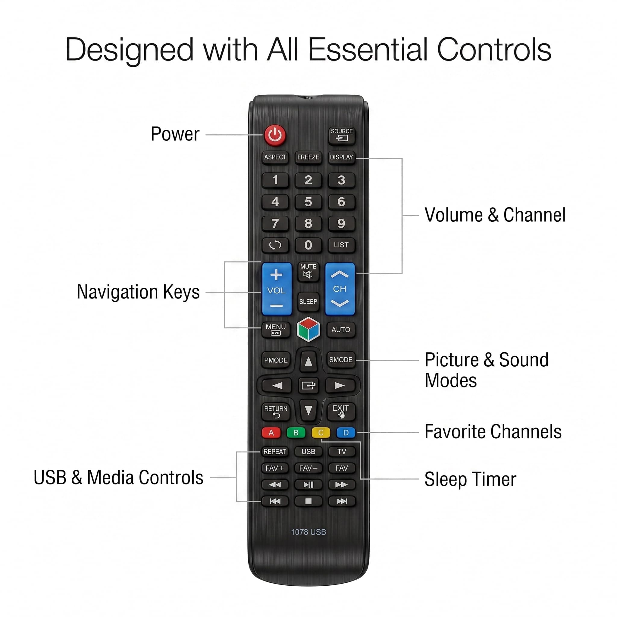 BookMyRemote RM-D1078 Replacement Remote Control Compatible with Samsung Smart LED LCD TV and China Motherboards, YY-1078 URC117 LED300 V.2 1078 USB Remote | Universal Non-Voice Plug and Play angle 6