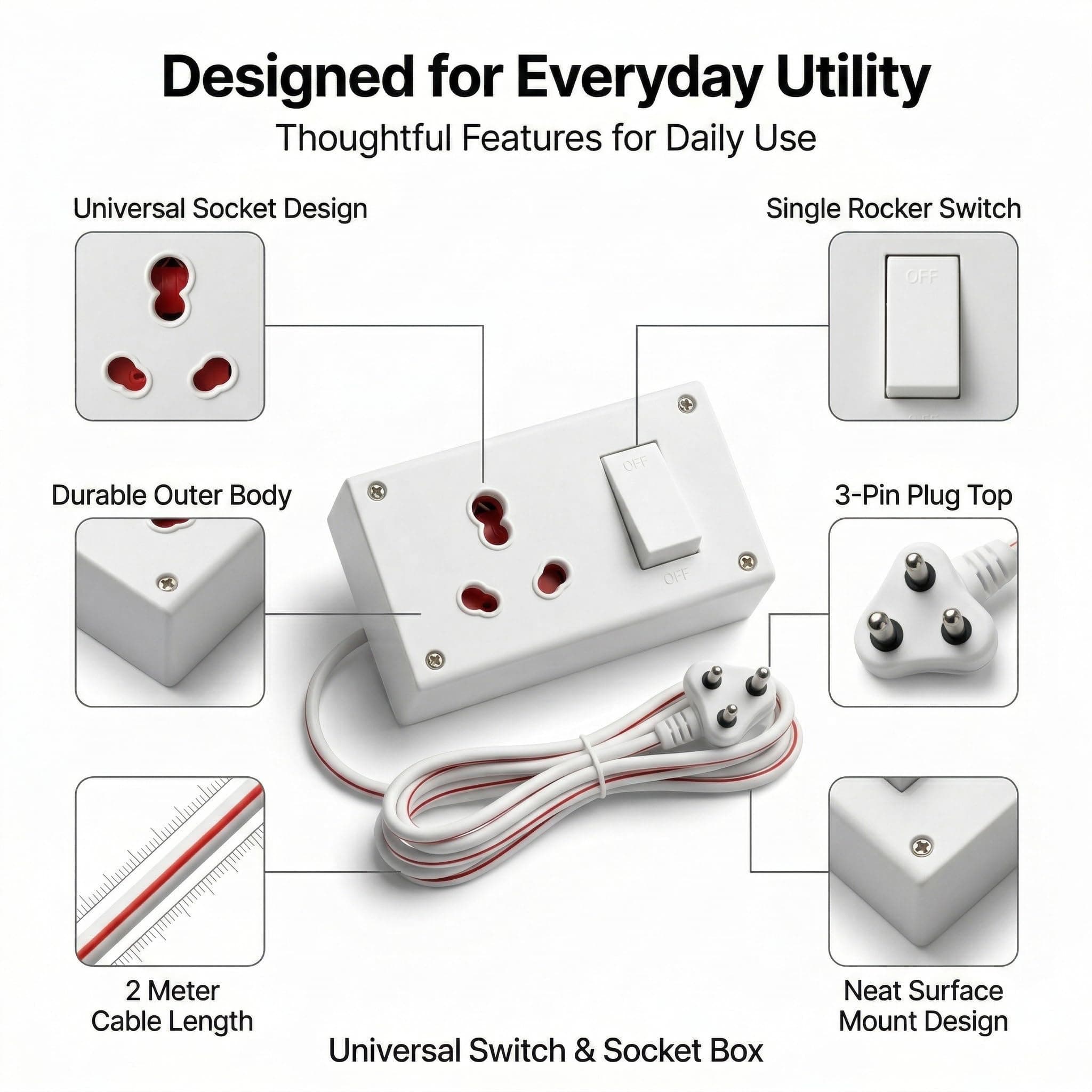 Heavy Duty Extension Board with Switch | Universal Socket Power Plug Extension Cord | Surface Mount Socket Box | 6A 250V Pre-Wired Copper Cable | Safe for Laptops, TVs, Fans & Chargers up to 1500W angle 4