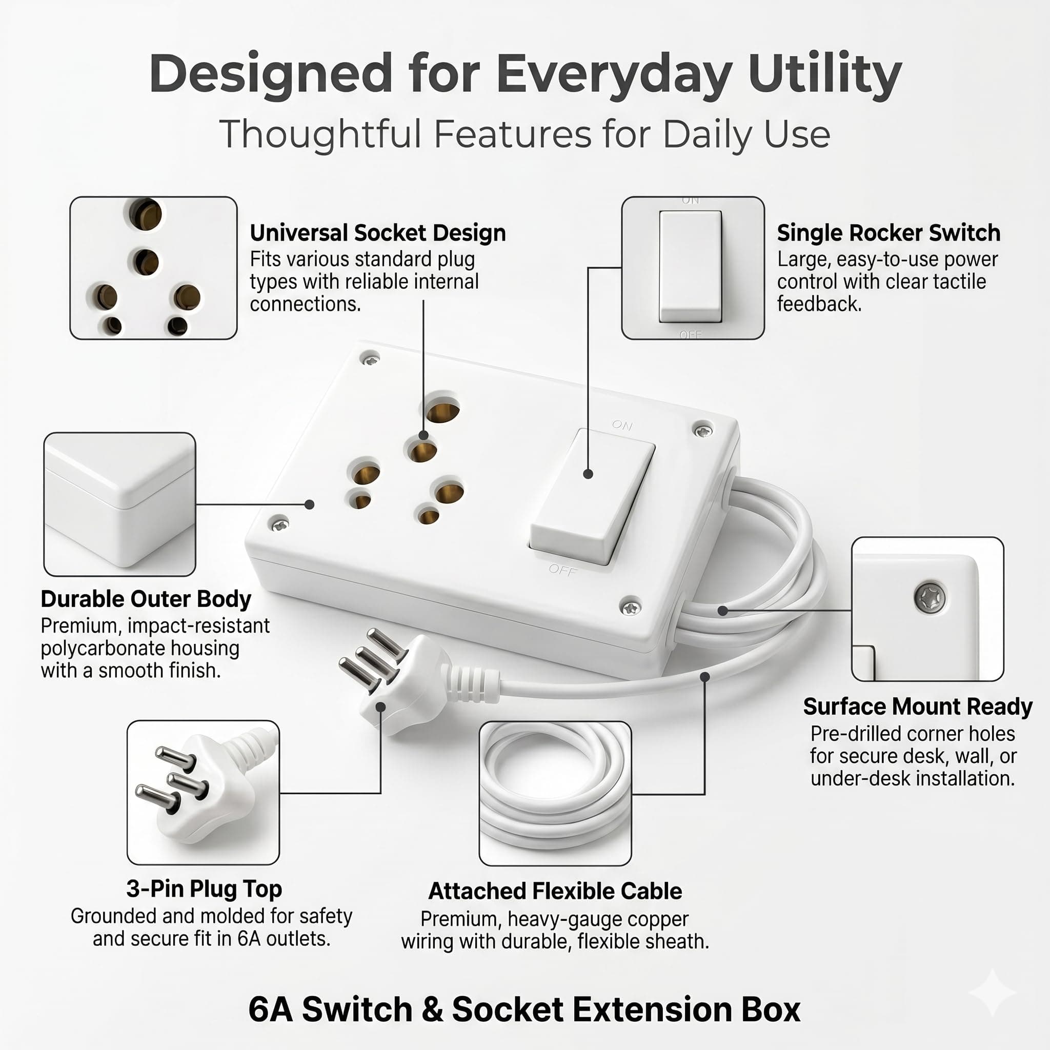 16 Amp Extension Board with 6/16A Universal Socket | Single Socket Power Extension Cord with Switch | Heavy Duty 6A Input Cable | Multi Plug Socket 230V 1200W | Electric Board for Home Office Desktop angle 3