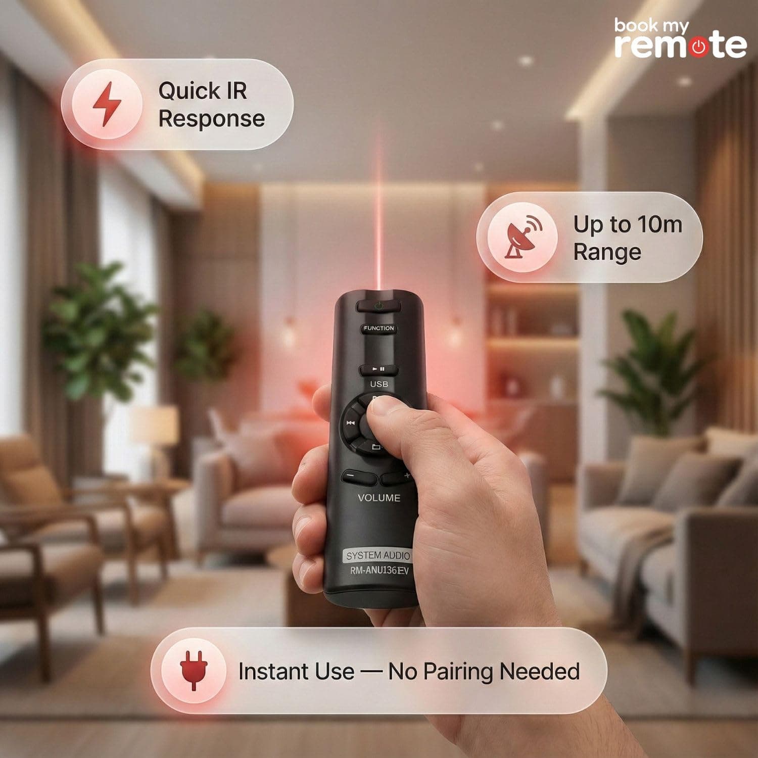 Book My Remote Replacement Remote Control Compatible with Sony Home Theater System SA-D40, SA-D10, SA-D20, SA-D100, SA-WMS10 & SA-WID7 (Replaces Original Remote Model: RM-ANU136 / RM-ANU156) - Black angle 3