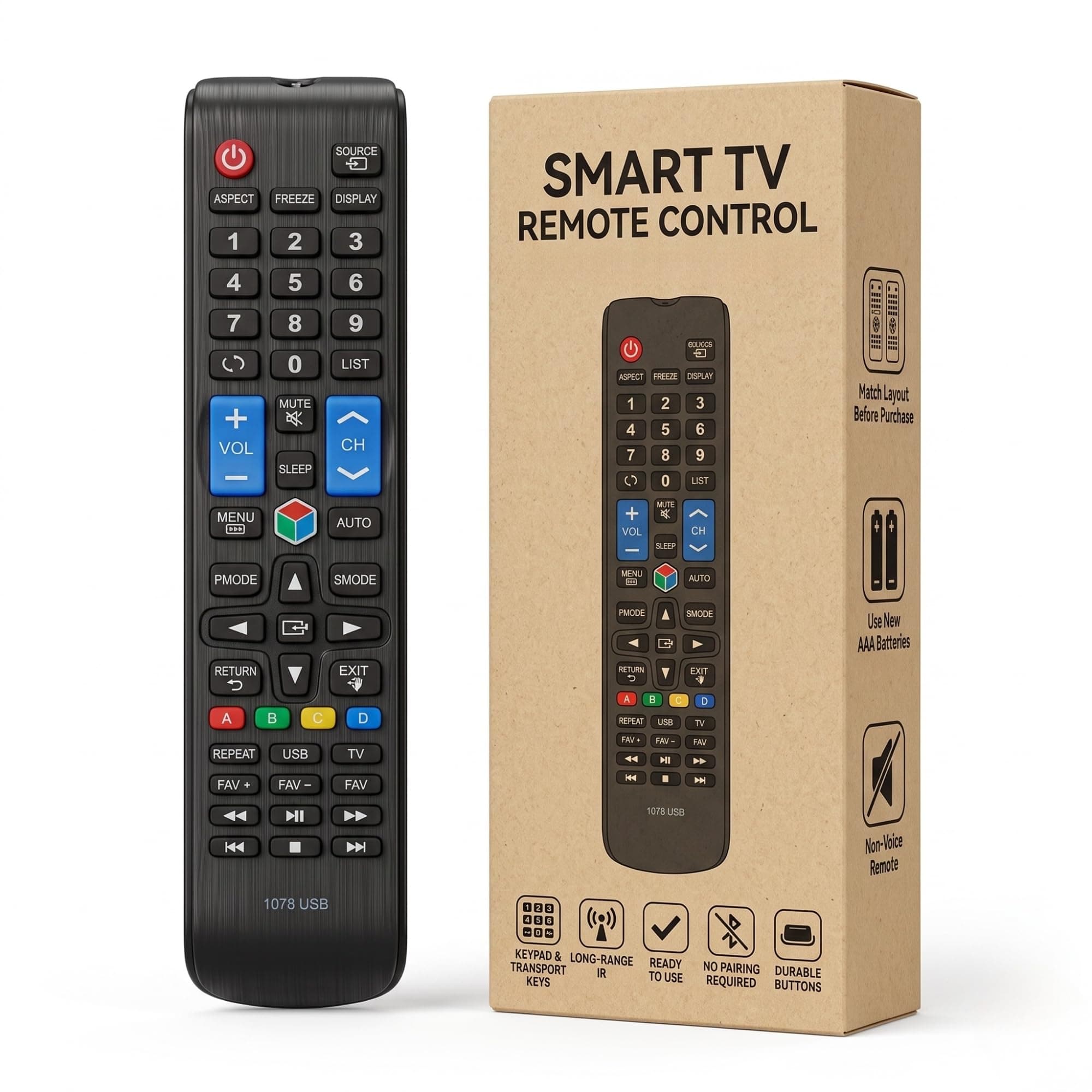 BookMyRemote RM-D1078 Replacement Remote Control Compatible with Samsung Smart LED LCD TV and China Motherboards, YY-1078 URC117 LED300 V.2 1078 USB Remote | Universal Non-Voice Plug and Play