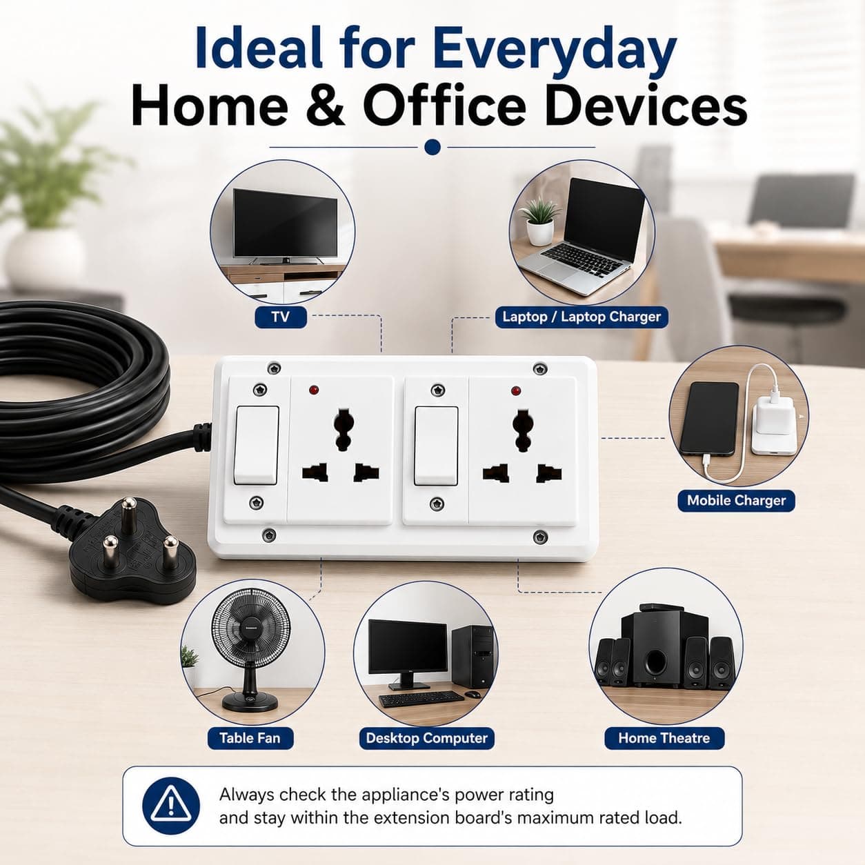 Book My Remote 2 Switch 2 Socket Extension Board with Individual Switches | Heavy Duty Spike Guard | 2500W 10A | 4.3m Long Cable | Wall Mountable Power Strip for Home & Office (White) angle 3