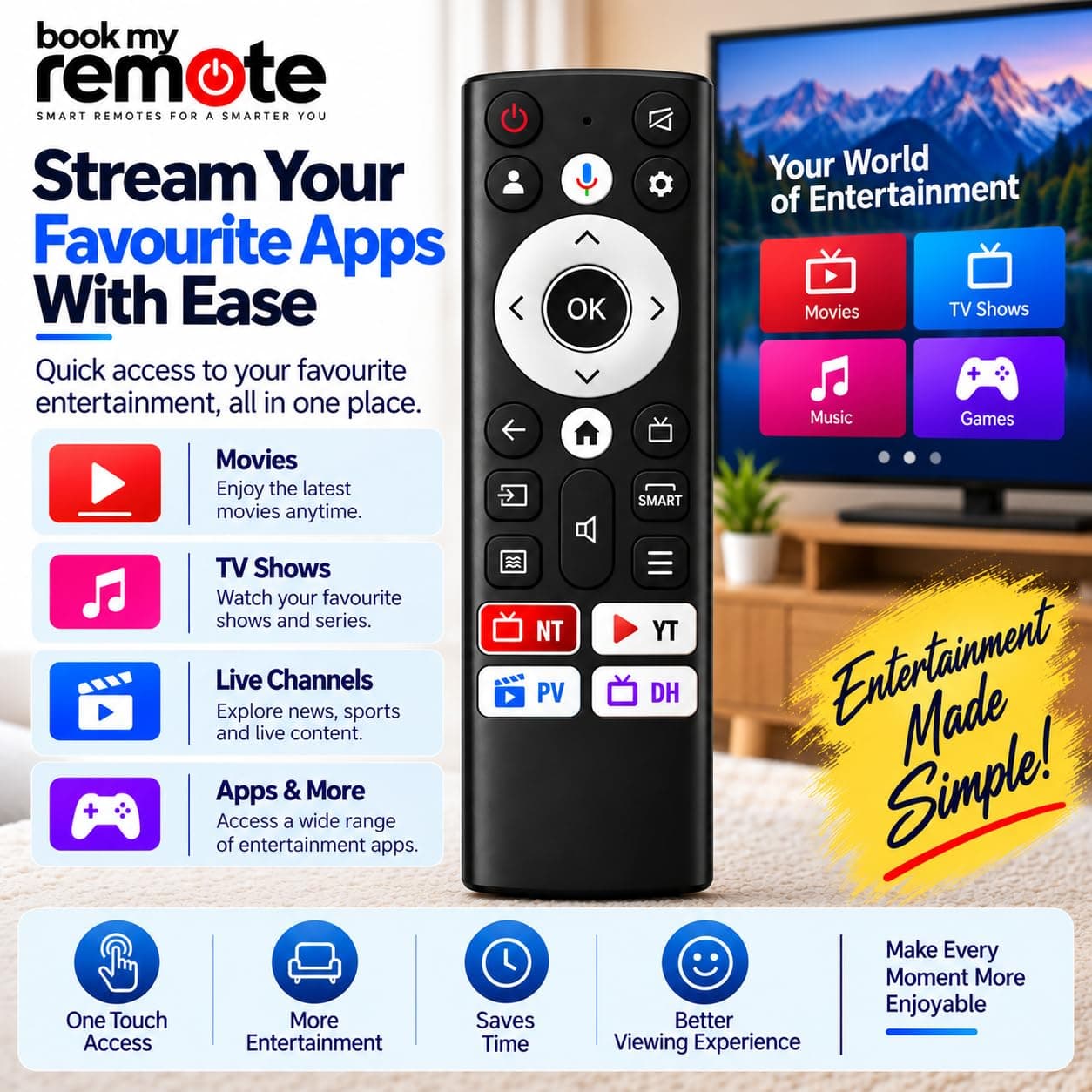 Book My Remote Compatible with Acer Smart TV Remote Control | Replacement for Original | Fits V, V-Pro, H-Pro, XL & Advance I Series | Android 4K UHD LED TV Matches AR40 AR43 AR50 AR55 angle 5