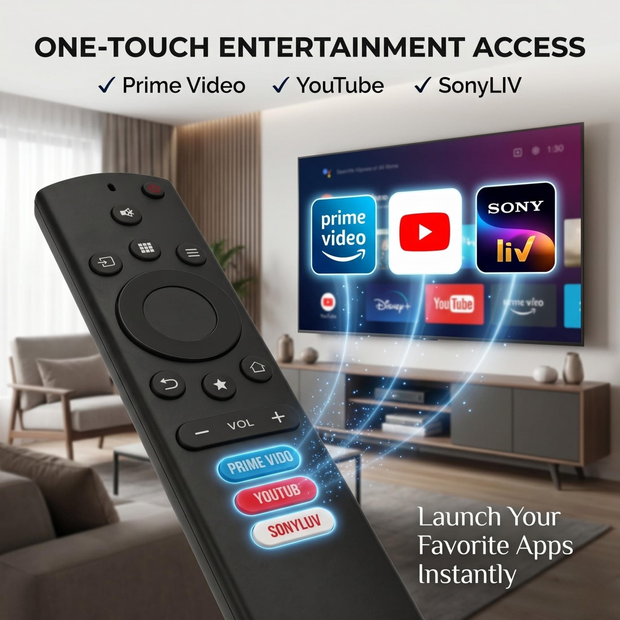 BookMyRemote Replacement TV Remote Control Compatible with Kodak & Thomson Smart LED Android TVs | IR Plug-and-Play Controller with Prime Video, YouTube & SonyLIV Hotkeys (Non-Voice) angle 5