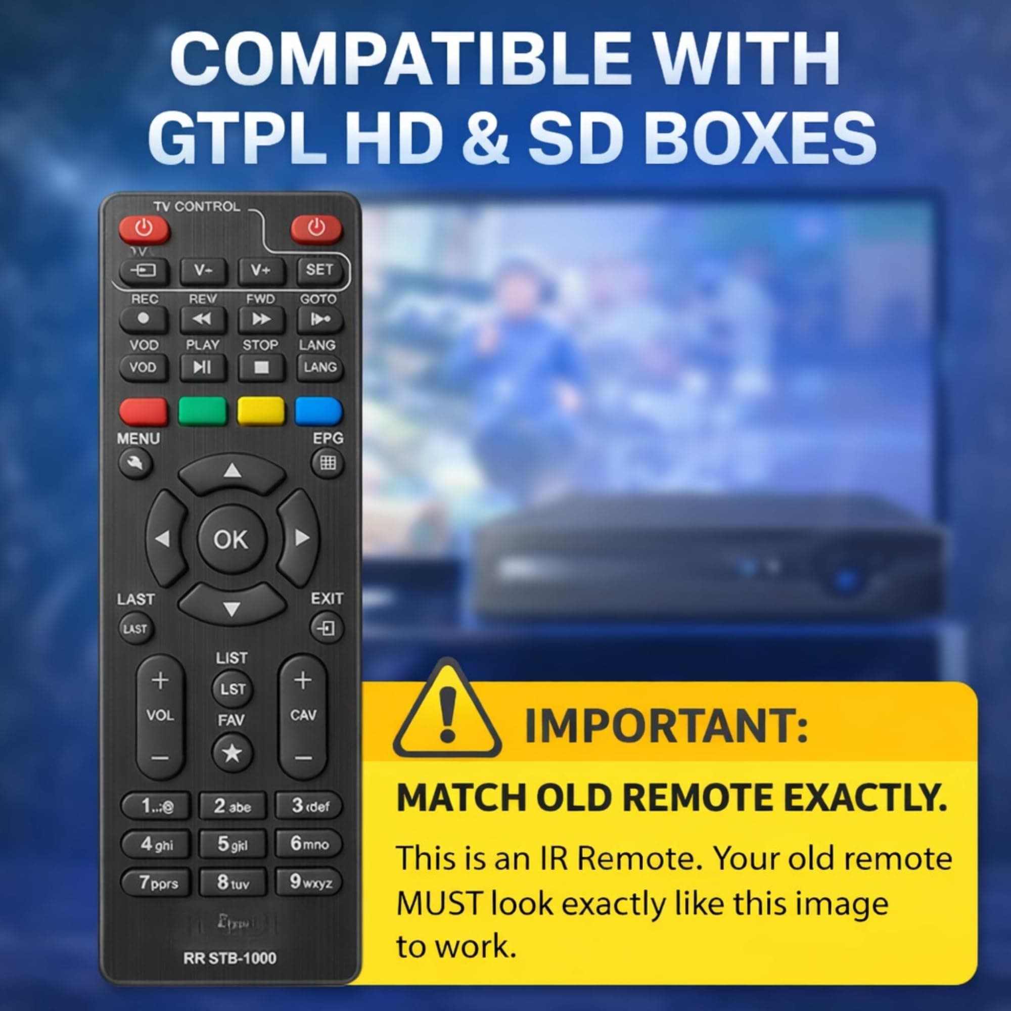 Book My Remote Compatible for GTPL Set Top Box Remote Control (RR STB-1000) - Universal Replacement with TV Pairing - Long Range Keys Function Like Original Remote (Black) (1) angle 5