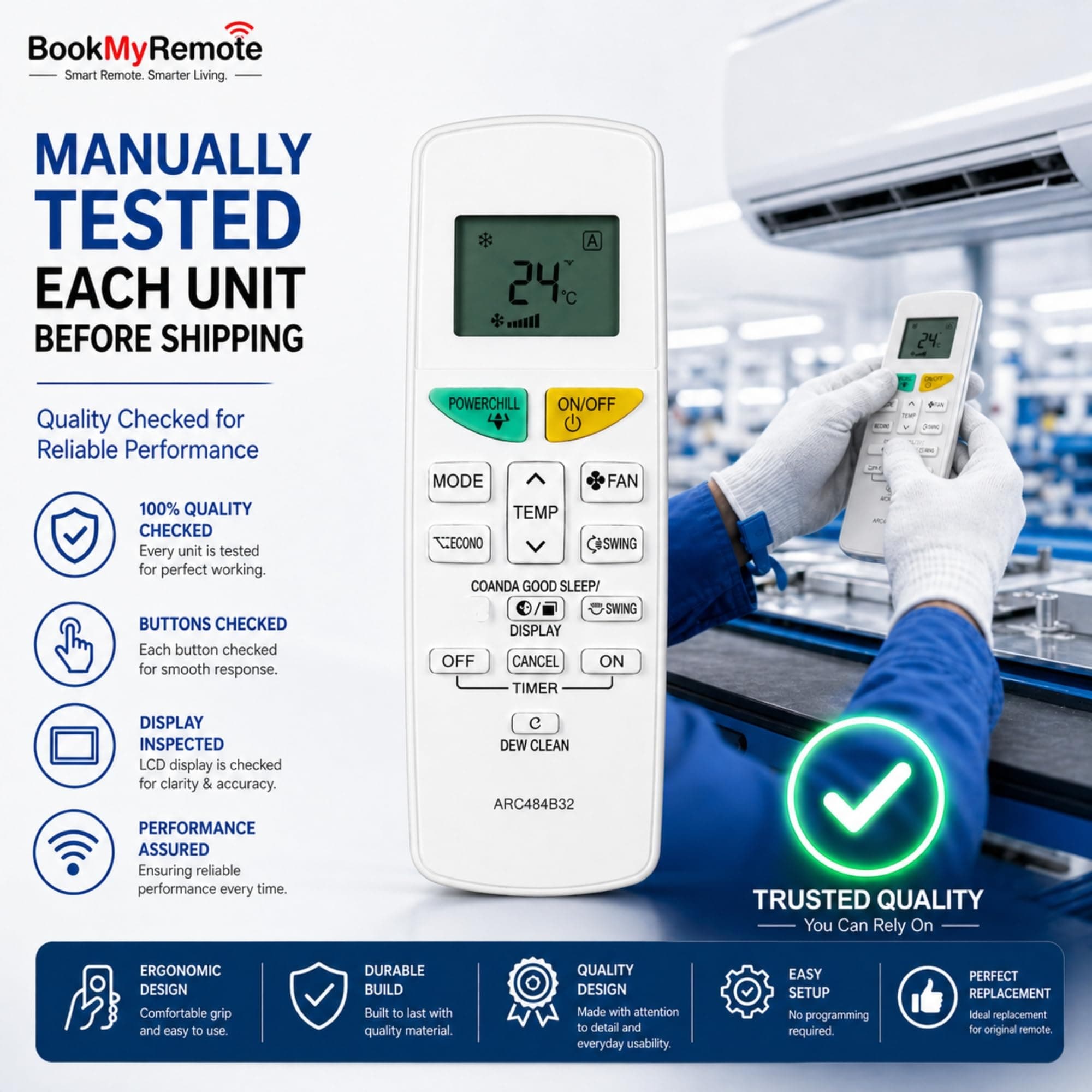 BookMyRemote AC Remote Control Compatible with Daikin Inverter Split & Window Air Conditioners (1 Ton, 1.5 Ton, 2 Ton) | Fits Model ARC484B32 / AC-132L / 132L | Dew Clean & Power Chill | Plug & Play angle 7