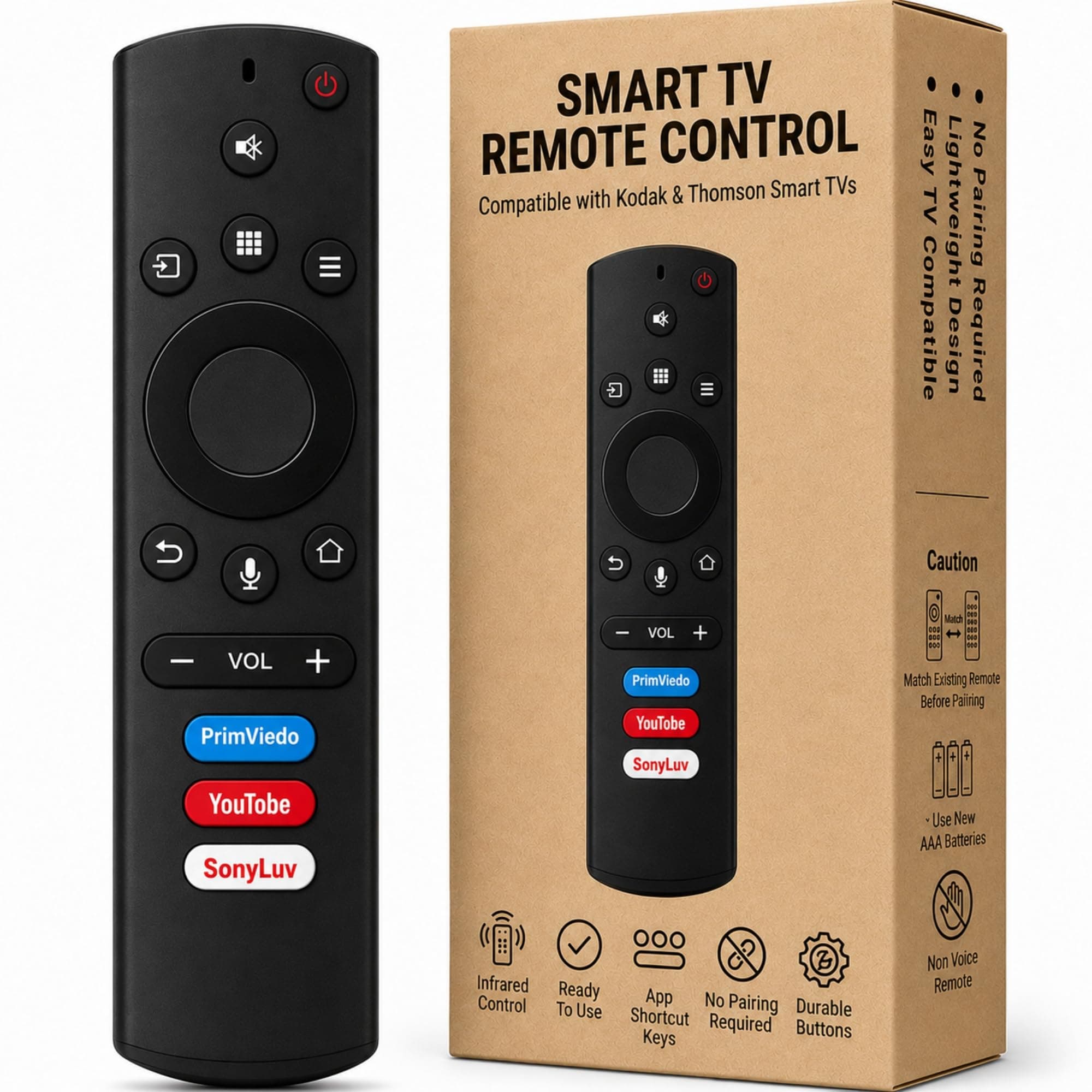BookMyRemote Replacement TV Remote Control Compatible with Kodak & Thomson Smart LED Android TVs | IR Plug-and-Play Controller with Prime Video, YouTube & SonyLIV Hotkeys (Non-Voice)