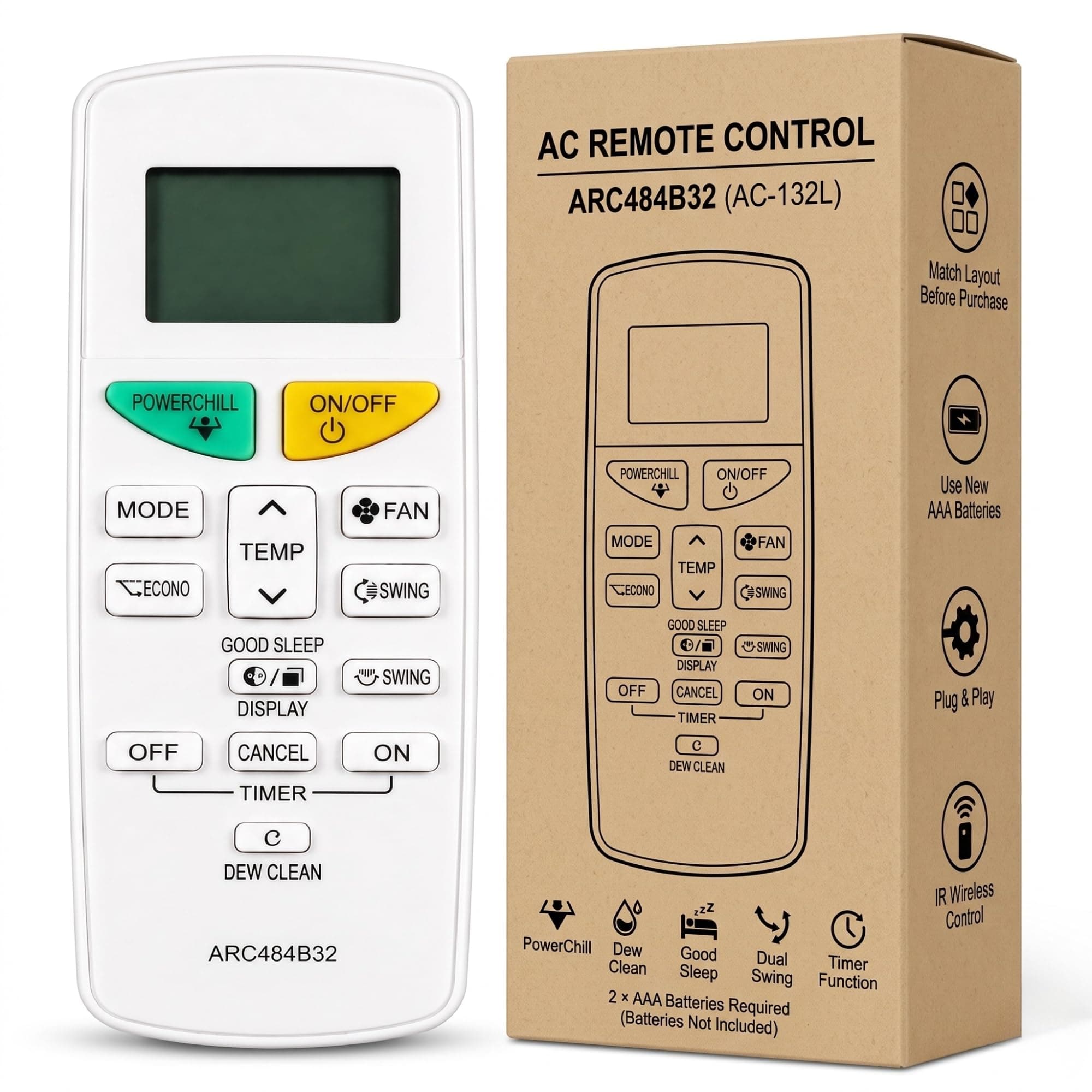 BookMyRemote AC Remote Control Compatible with Daikin Inverter Split & Window Air Conditioners (1 Ton, 1.5 Ton, 2 Ton) | Fits Model ARC484B32 / AC-132L / 132L | Dew Clean & Power Chill | Plug & Play